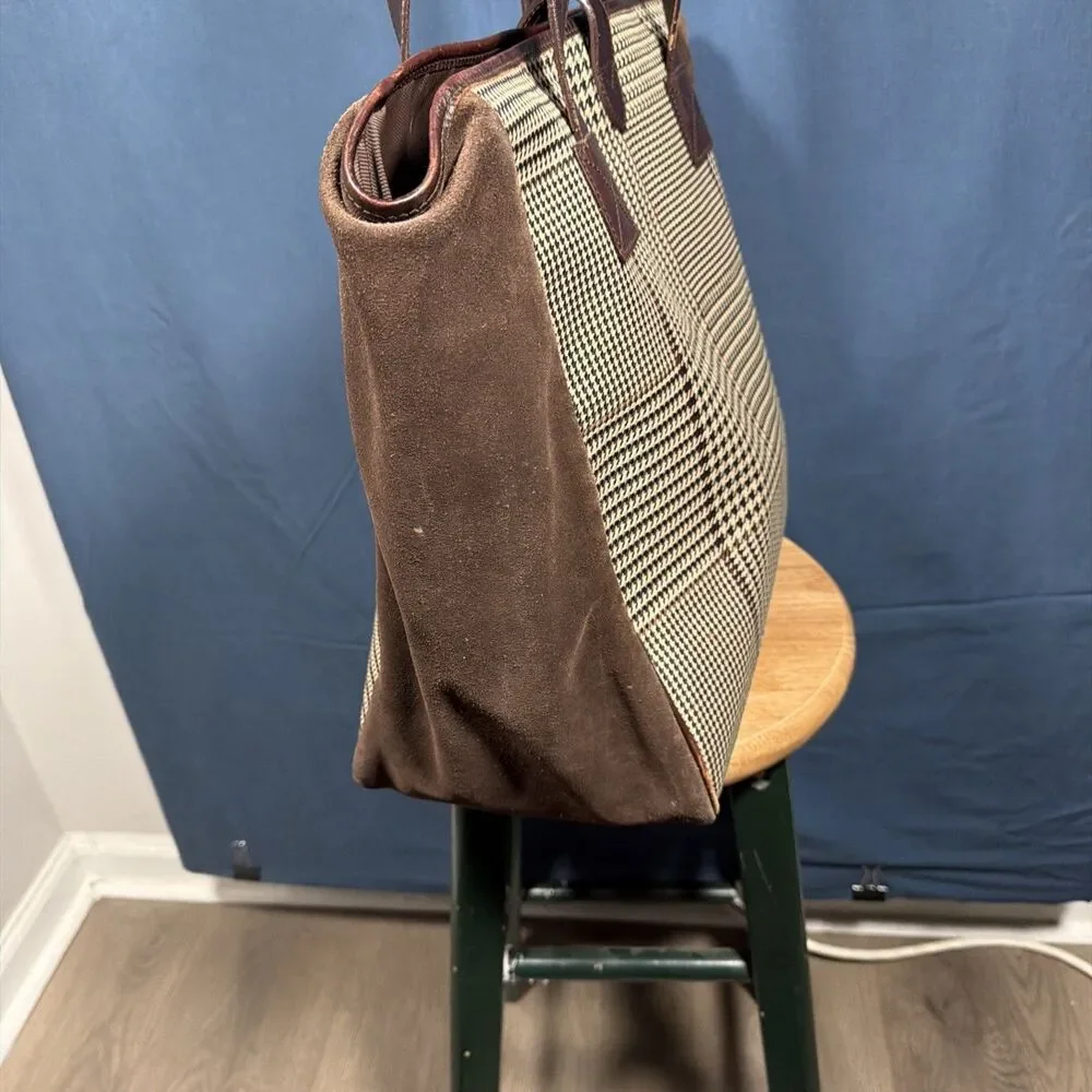Vintage Lauren Ralph Lauren Brown Leather Suede Houndstooth Tote Shoulder Bag - Picture 7 of 11